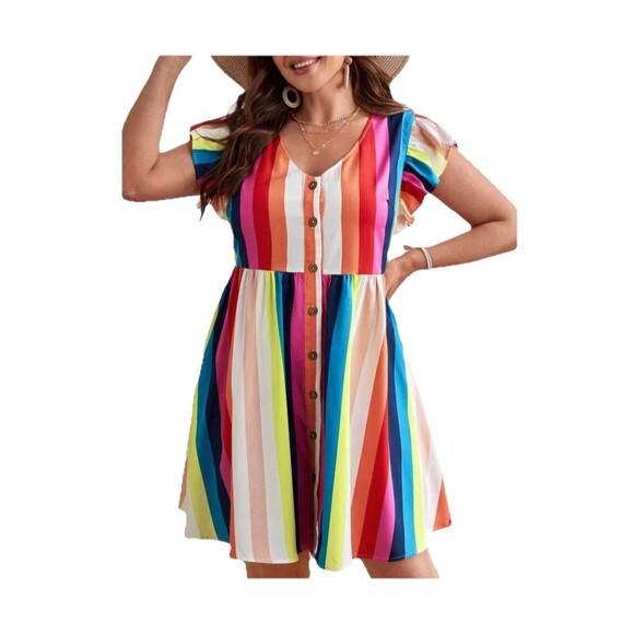 Rainbow Striped Dress Size 2X Button Front Ruffle Sleeve Boho Retro Festival - Picture 1 of 12